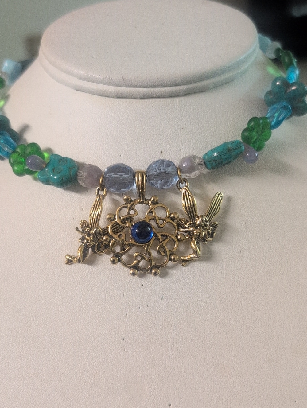 Gold-tone Fairy Pendant Necklace with Blue, Green and Turquoise Beads